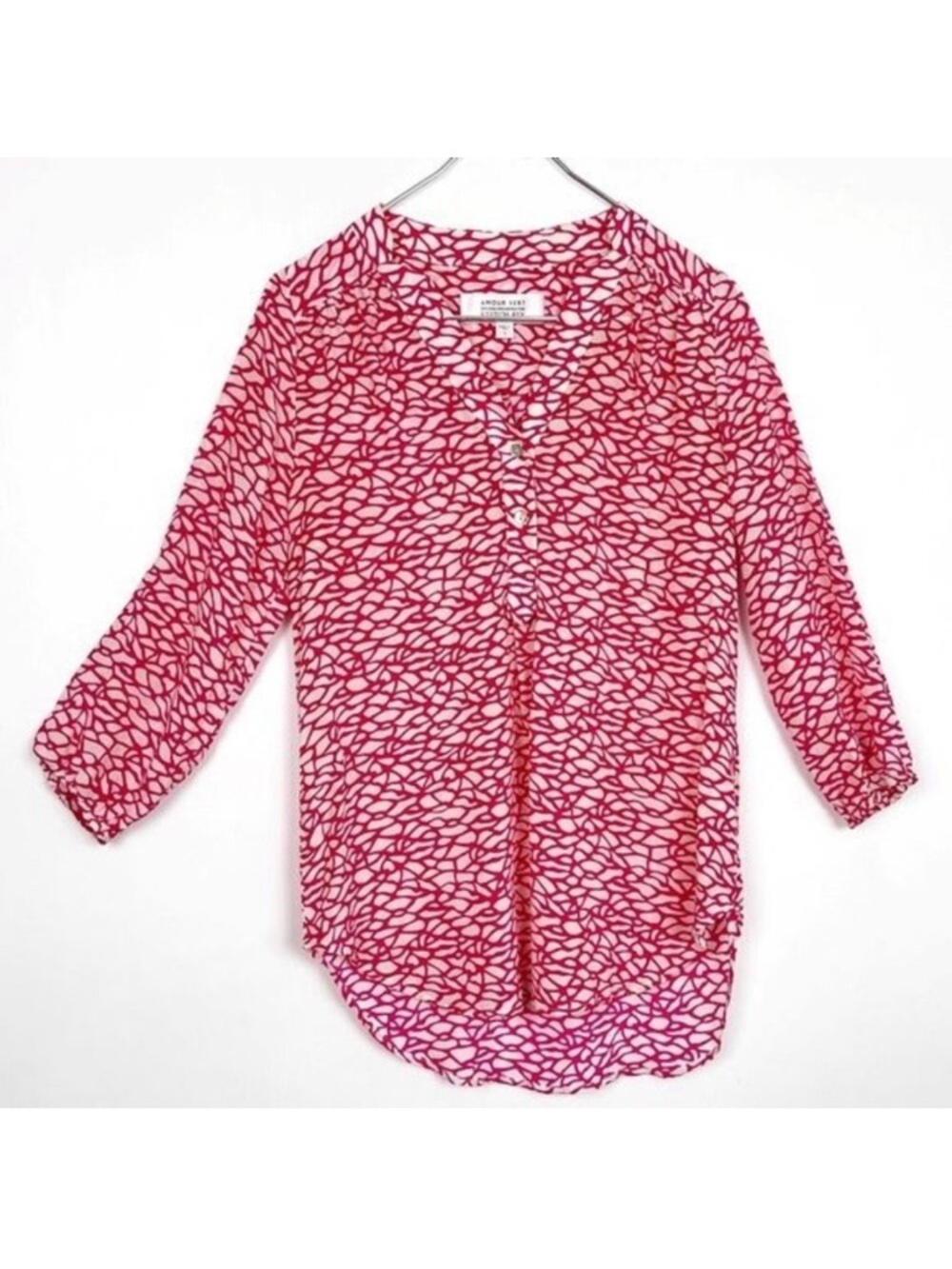 Amour Vert Stitch Fix 100% Silk Pink and white 3/4 Balloon Sleeve Blouse small